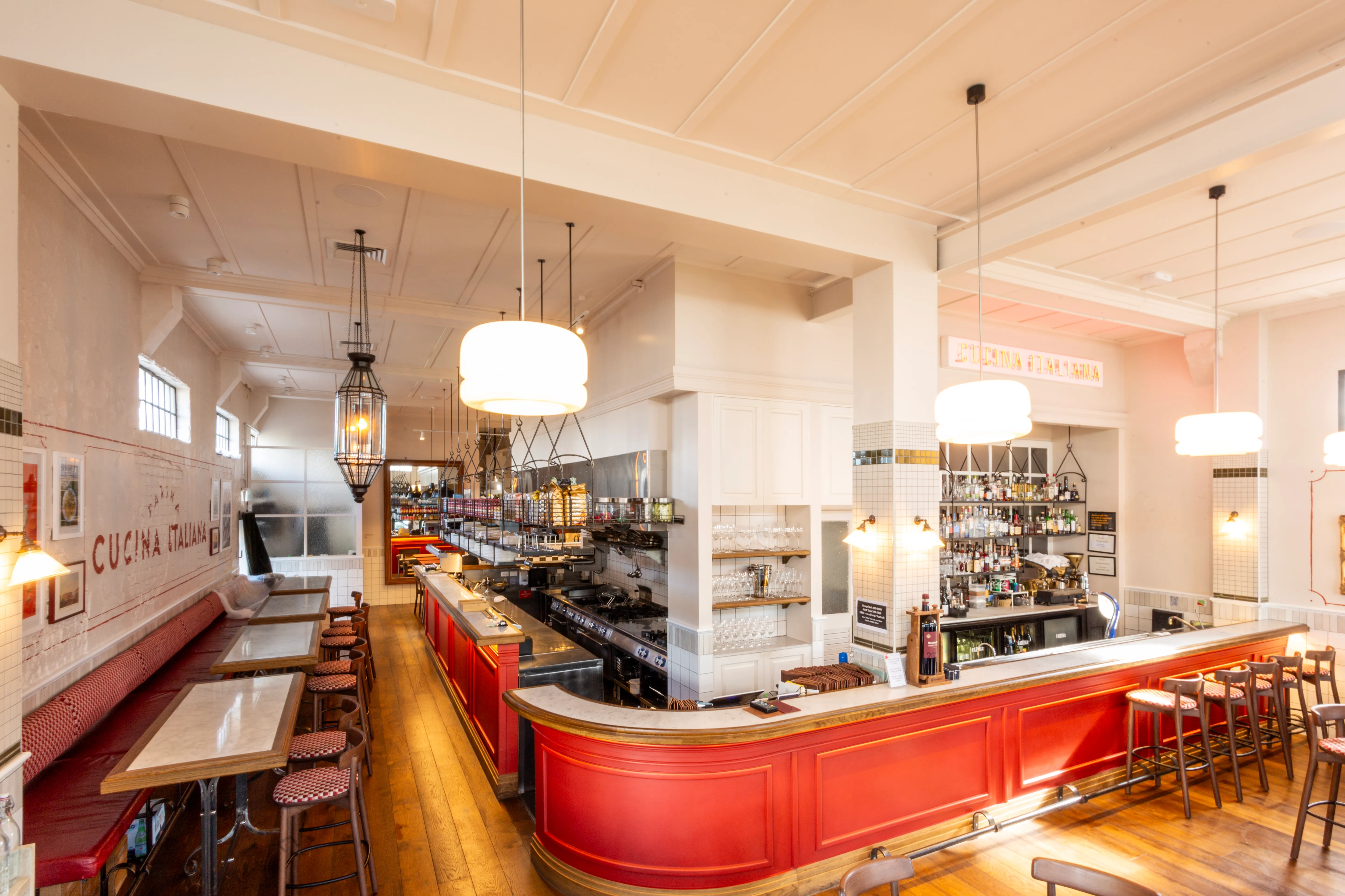 Farina restaurant curved bar and warm timber interior, Ponsonby Road, Auckland