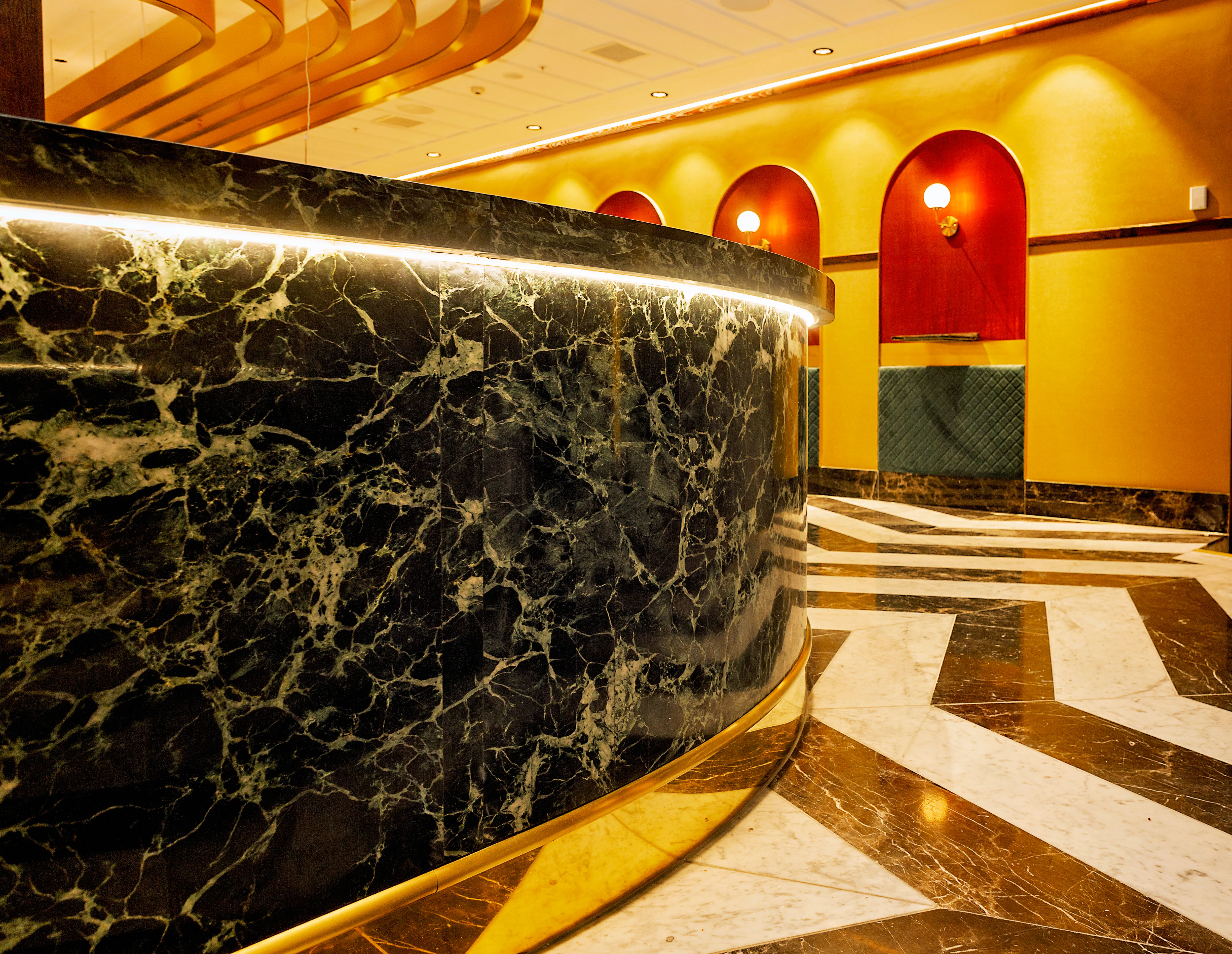 SkyCity Flare Bar with gold chainlink feature ceiling and marble flooring, Auckland