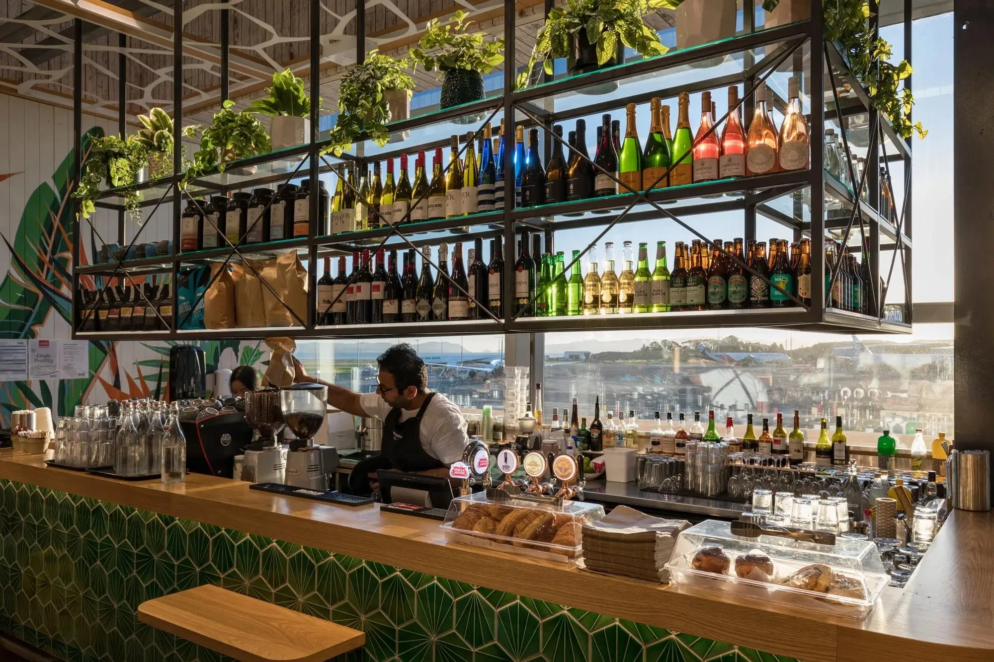 Wondertree airside restaurant with timber canopy structure, Auckland Airport