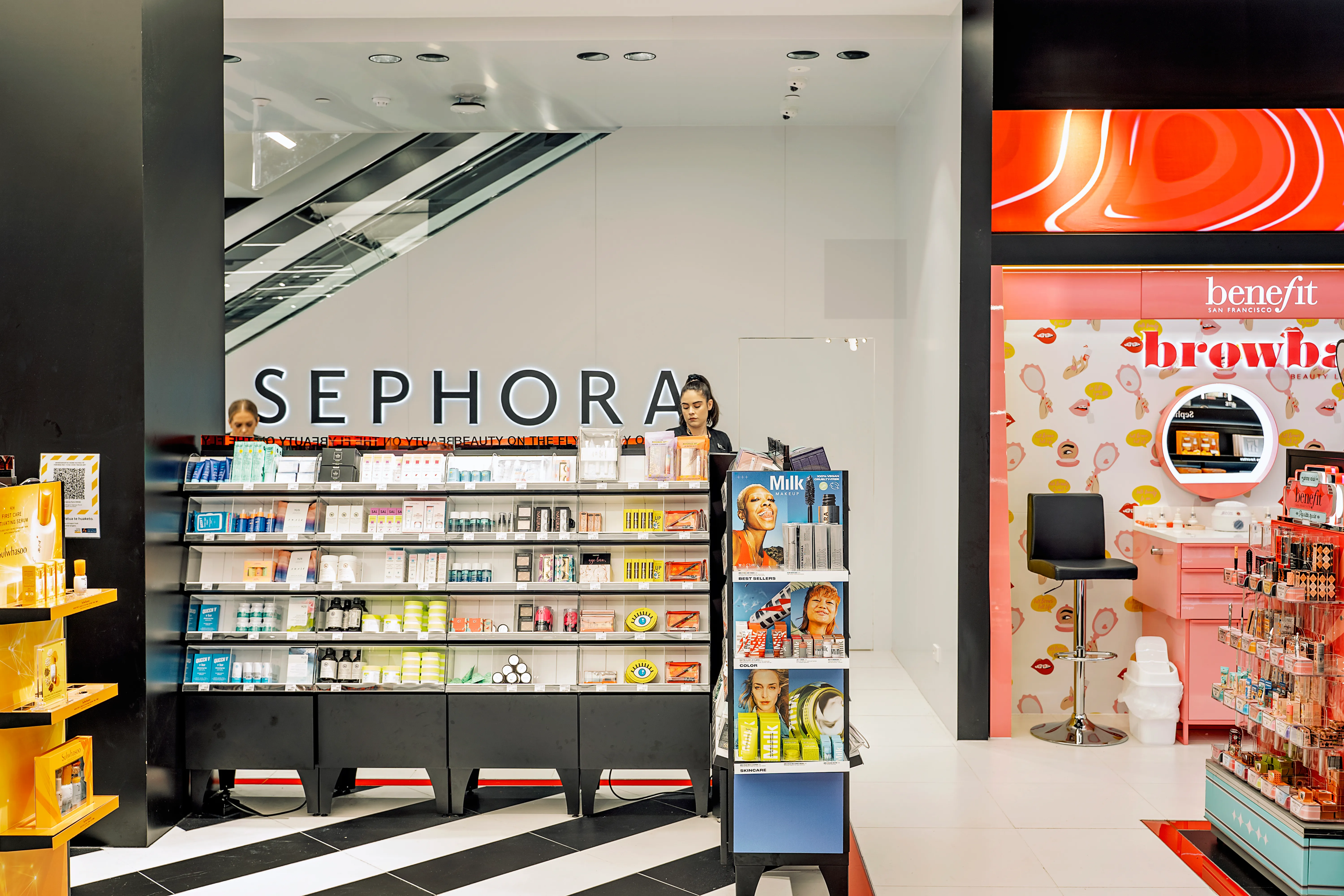 Sephora store with black-and-white striped escalator atrium, Auckland